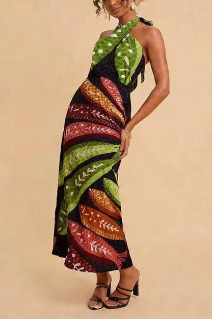 Margovil Halter Neck Backless Fish Print Maxi Dress