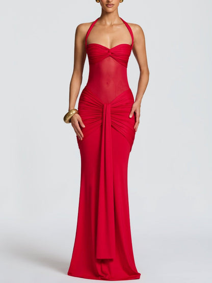 Mesh Splicing Ribbon Neckband Fish Tail Maxi Dresses