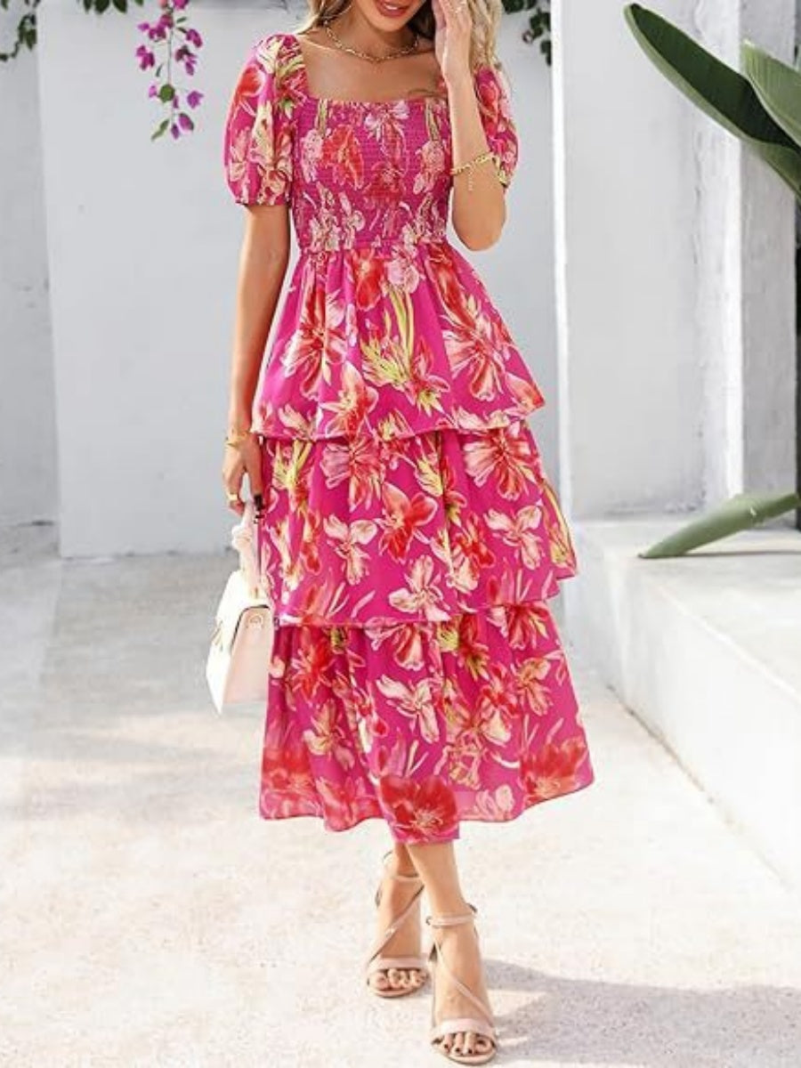 Square Neck Short-sleeved Chiffon Long Dress With A Fitted Waist And Floral Print