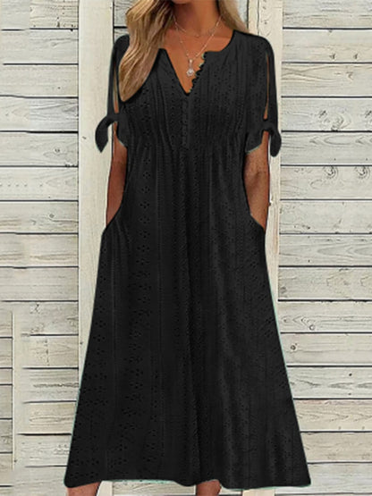 Hollow Out Off-shoulder V-neck Lace Ruffles Maxi Dresses