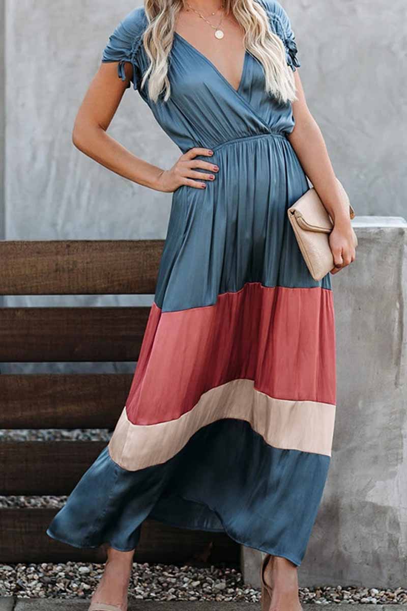 Wrap-Front V-Neck Tie Shoulder Tiered Colorblock Satin Maxi Dress