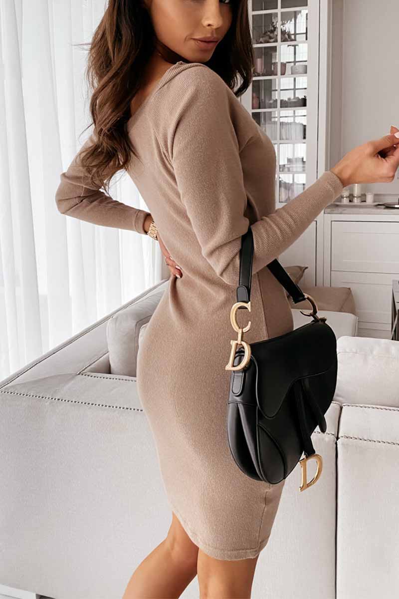 Rib Knit Wrap-Front Deep V-Neck Long Sleeve Bodycon Mini Dress