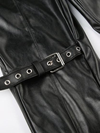 Leather Lace Patchwork Eyelet Buckle Low-rise Bell-bottoms Pants