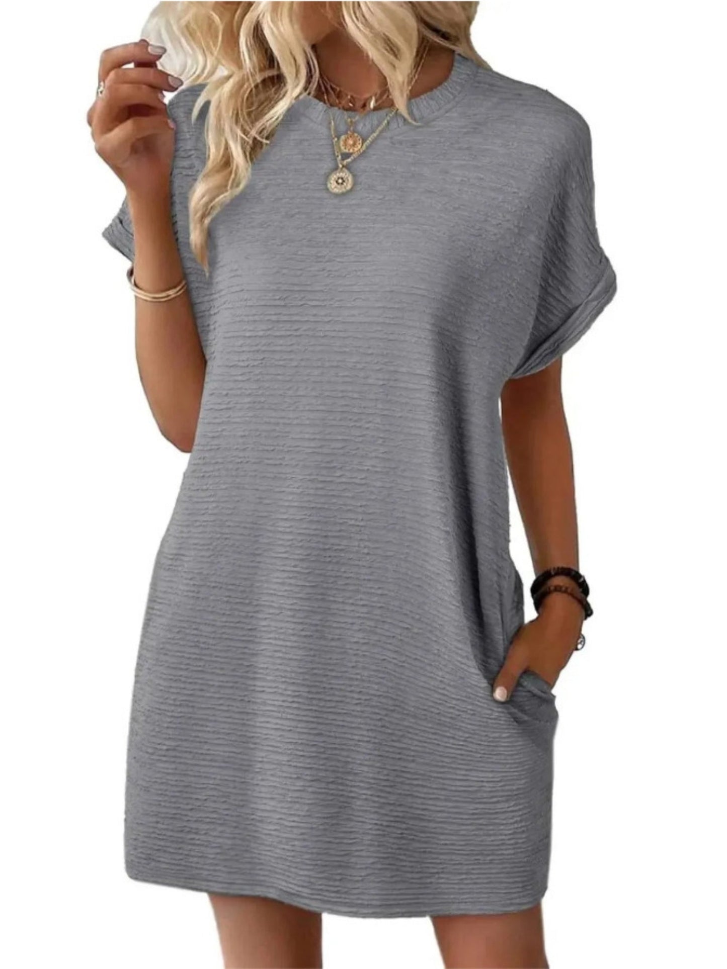 Pocket Crew Neck Short Sleeve Loose-fit Mini&Short Dresses