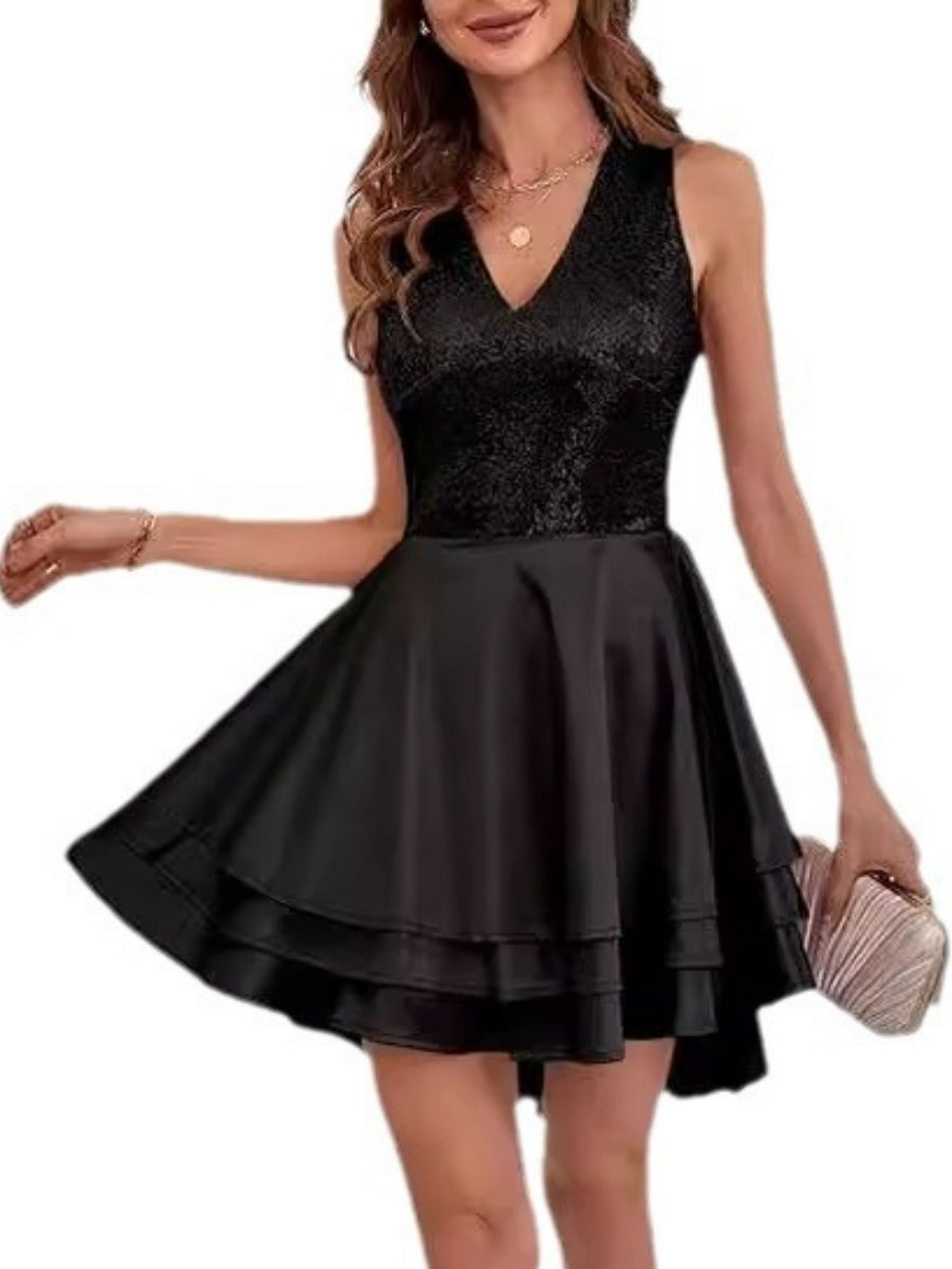 V-neck Sequins Splicing Irregular Hem Banquet Formal Dress Parties Mini&Short Dresses