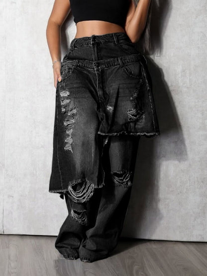 Splicing Hole Distressed Loose-fit Jeans