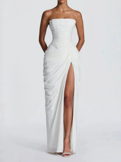 Pleated Slit Strapless Waist Maxi Dresses