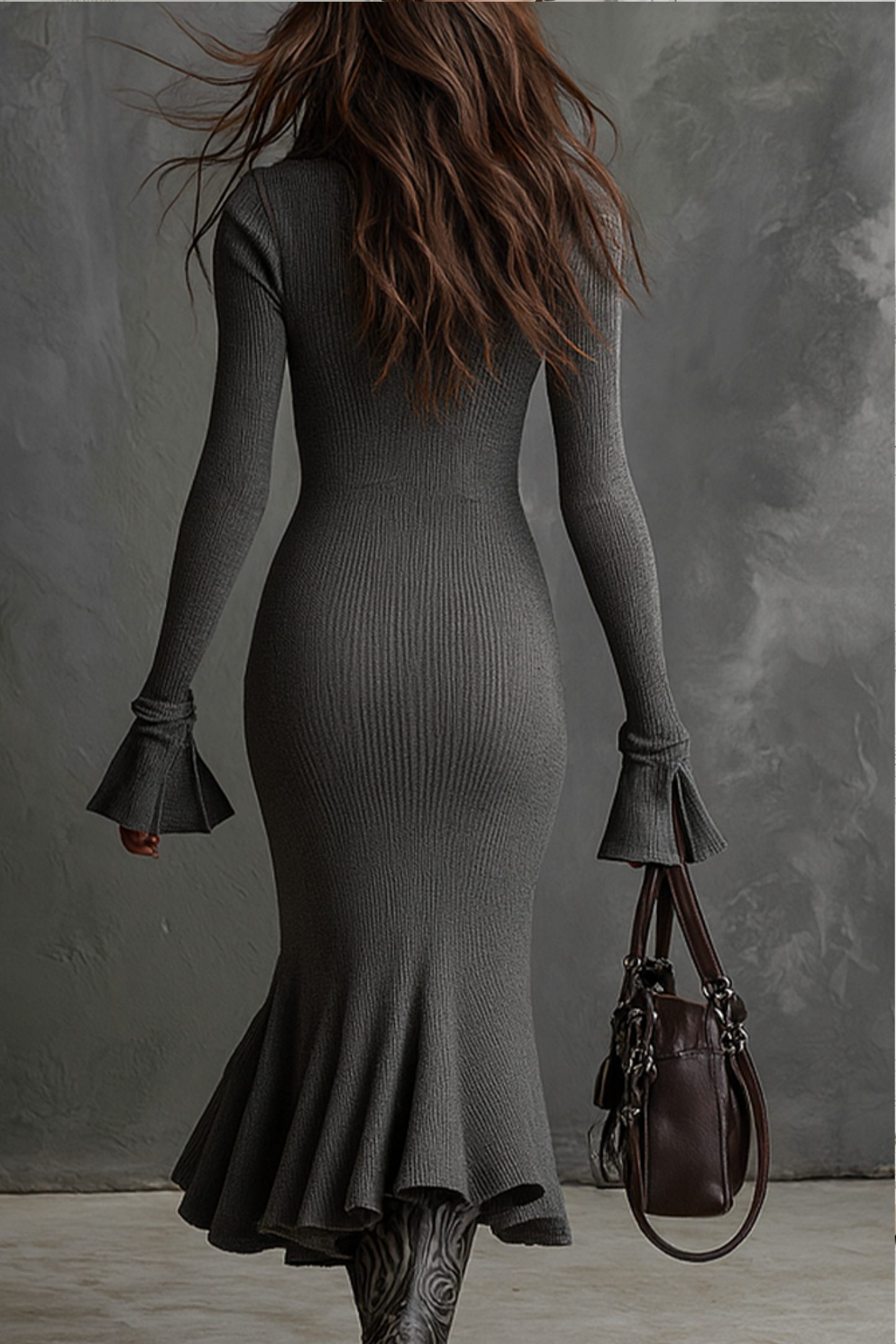 Retro Zipper Neck Trumpet Sleeve Knitted Midi Dress