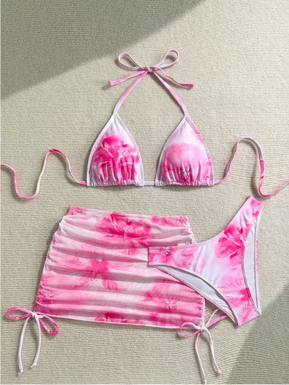 Printed Drawstring Halter Set 3-piece Sets Bikinis