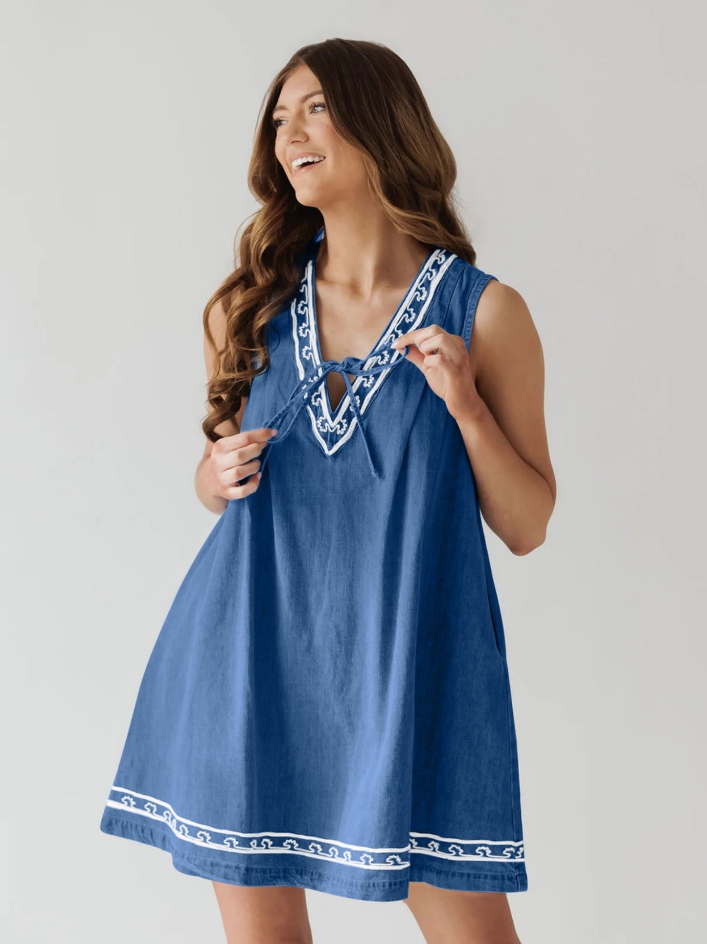 Denim Embroidery Openwork Tie V-neck Sleeveless Mini&Short Dresses