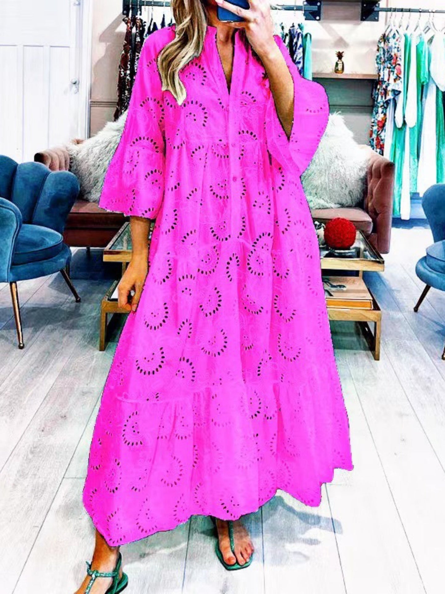 Lace Cutout V-neck Buttons  Flare Sleeve Maxi Dresses