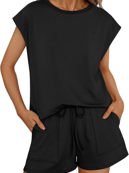 Round Neck Loose Short Sleeve Strappy Pocket Shorts Sports And Leisure 2-piece Sets