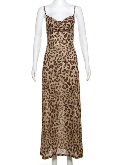 Leopard Print V-neck Backless Maxi Dresses