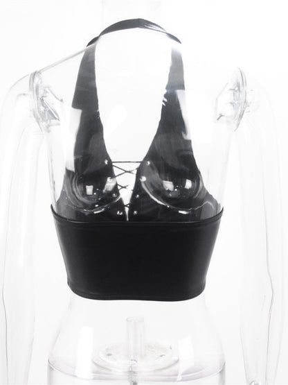 PU Leather Straps Halter Neck And Backless Tank Tops