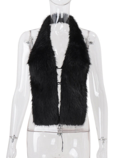 Plush Patchwork Neckband Backless Tank Tops