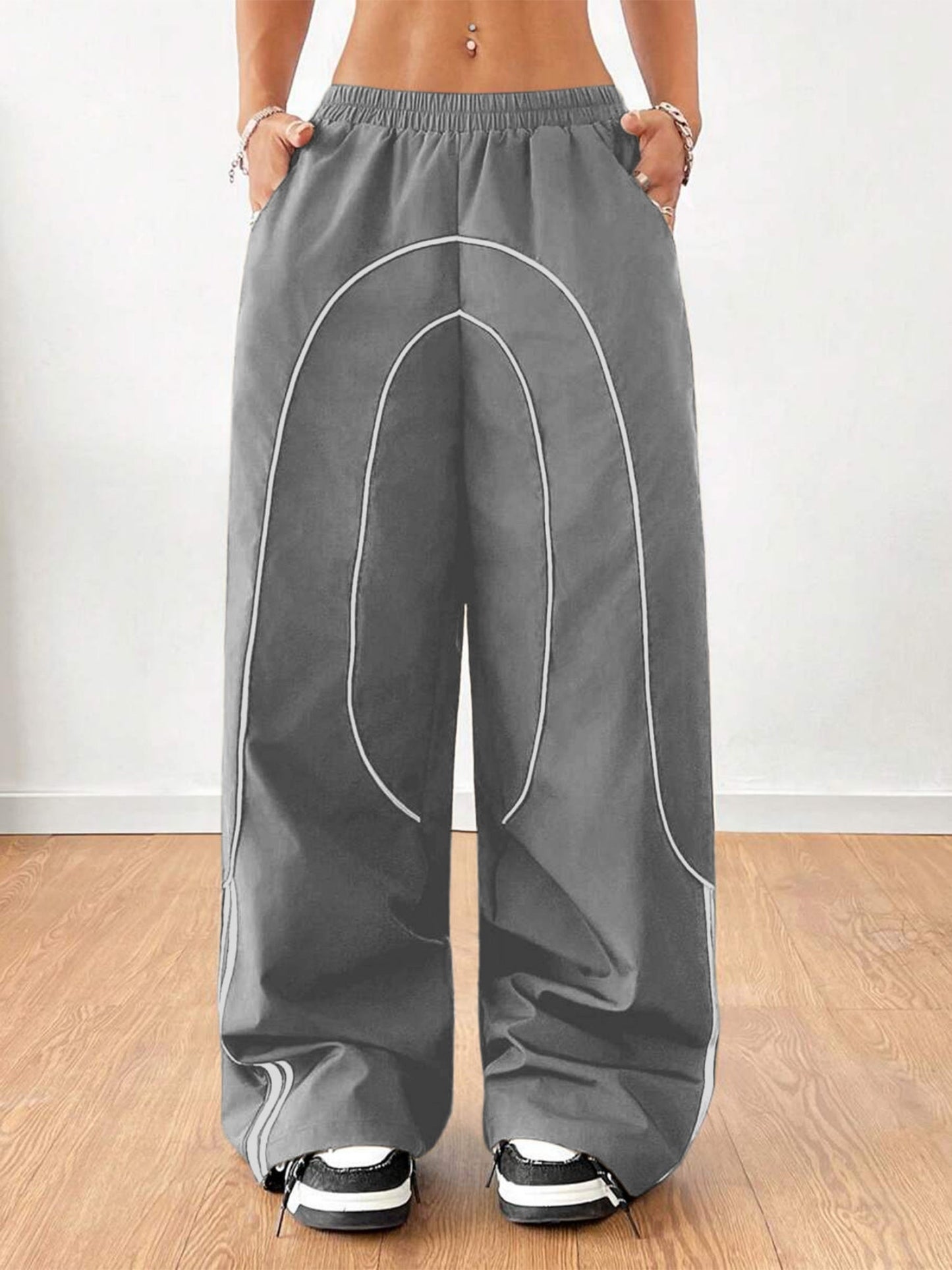 Color-blocked Elastic Waistband Pocket Wide-leg Trousers