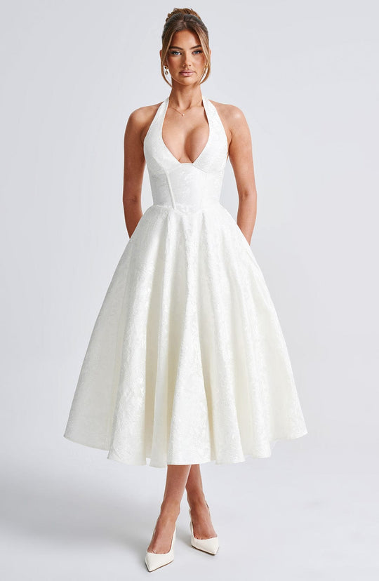 Halter Neck Satin Midi Dress | A-Line Silhouette