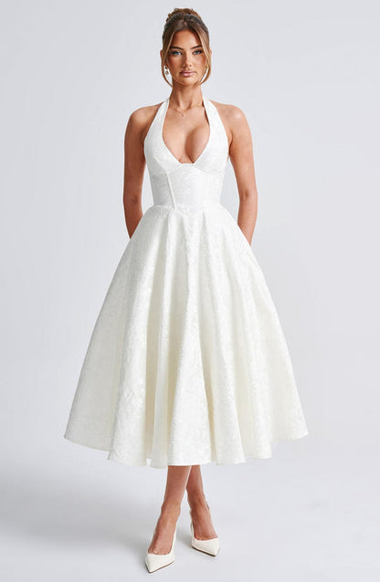 Halter Neck Satin Midi Dress | A-Line Silhouette