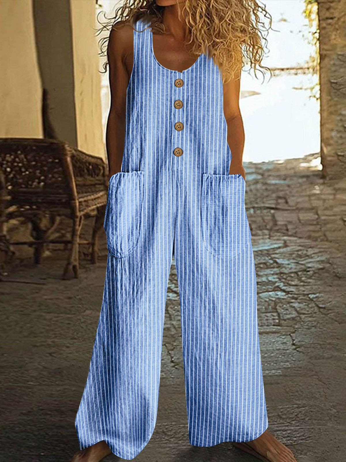 Button-up Pocket Loose Casual Striped Cotton Linen Overalls