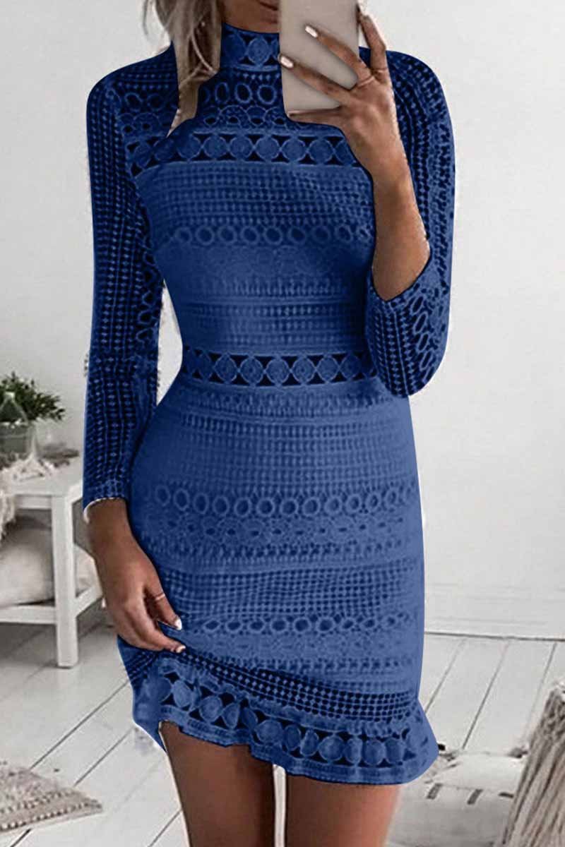 Mock Neck Long Sleeve Crochet Lace Ruffle Hem Bodycon Mini Dress