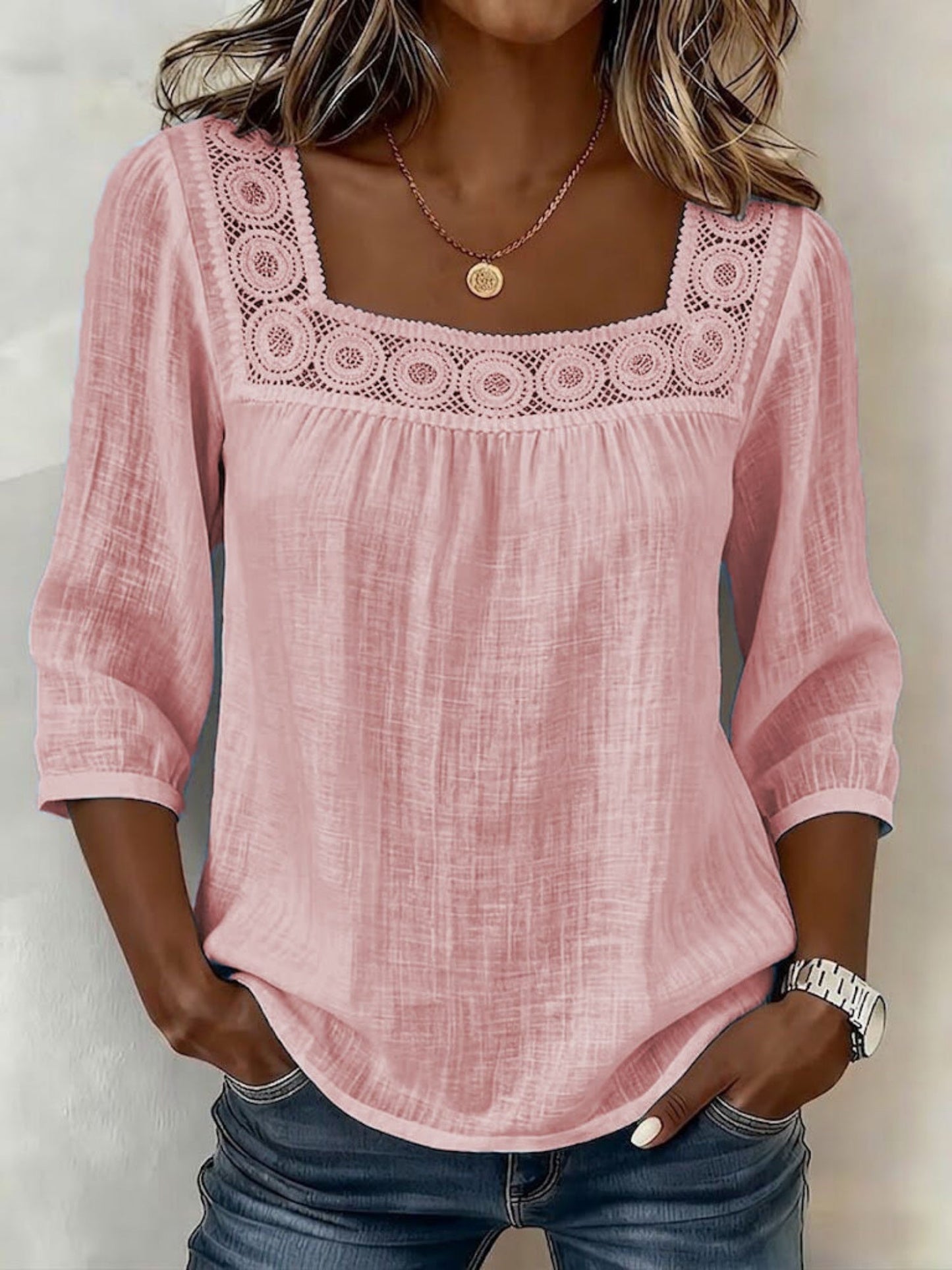 Lace Trim Cotton And Linen Square Neckline And Three-quarter Sleeves T-shirts