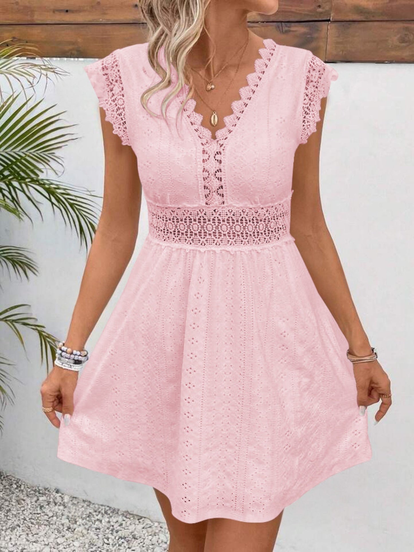 Lace Trim Openwork Jacquard V-neck, Fitted Waist Mini&Short Dresses
