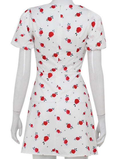 Floral Waist Shaping Puff Short Sleeves Sweet Mini&Short Dresses