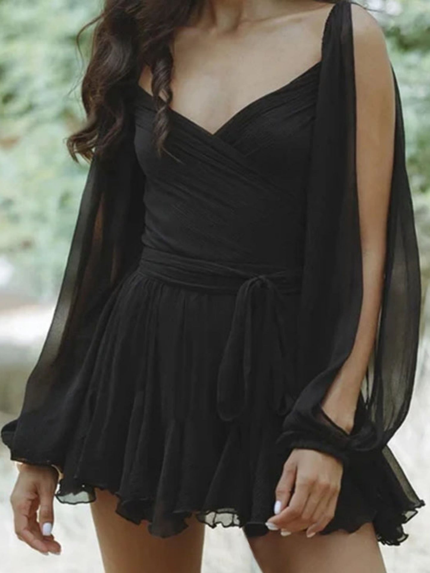 Ruffle Balloon Sleeve Hollow Out Waist Shaping Mini&Short Dresses
