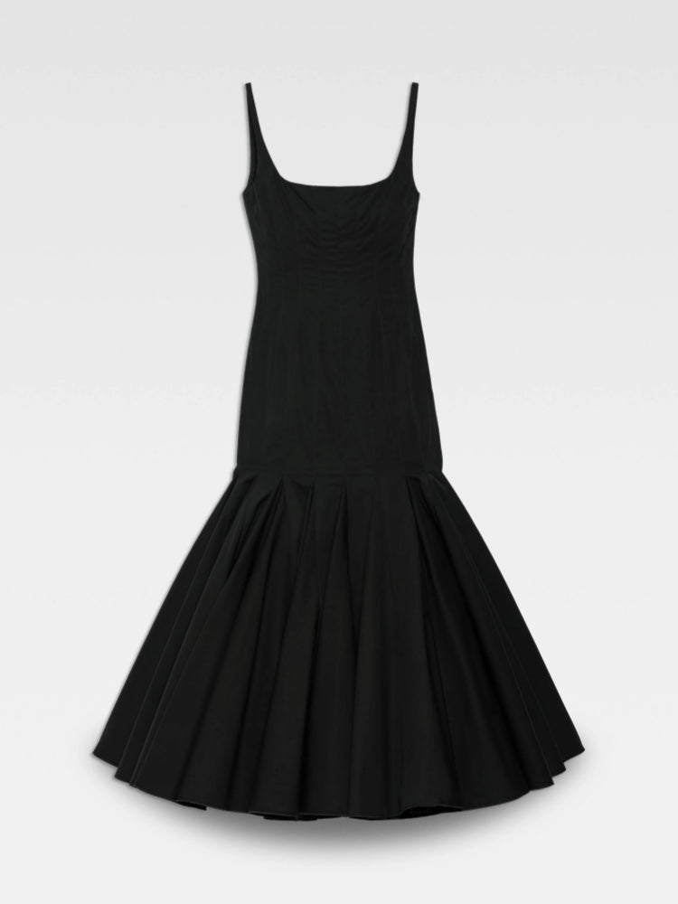 Square Neck Panel Seamed Corset Bodice Pleated Flare Midi Dress
