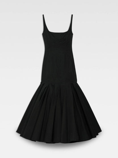 Square Neck Panel Seamed Corset Bodice Pleated Flare Midi Dress