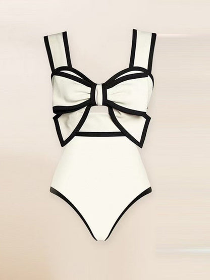 Black And White Color-blocked One-piece Swimsuit With Polka Dot Sun Protection Maxi Dress Two-piece Set