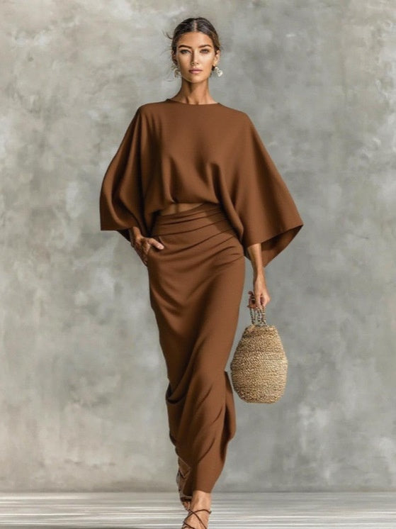 High-waisted Midi Skirt And Round Neck Three-quarter Sleeve Top Two-piece Set