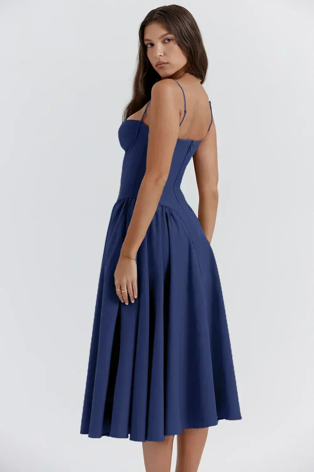 Corset Bustier Spaghetti Strap Basque Waist Pleated Midi Dress