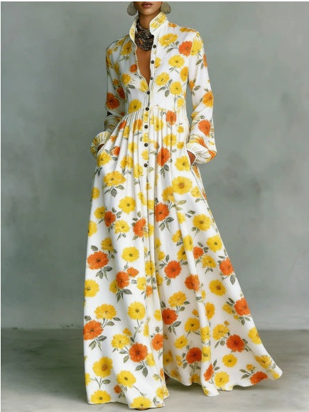 Long-sleeved Printed Maxi Dress