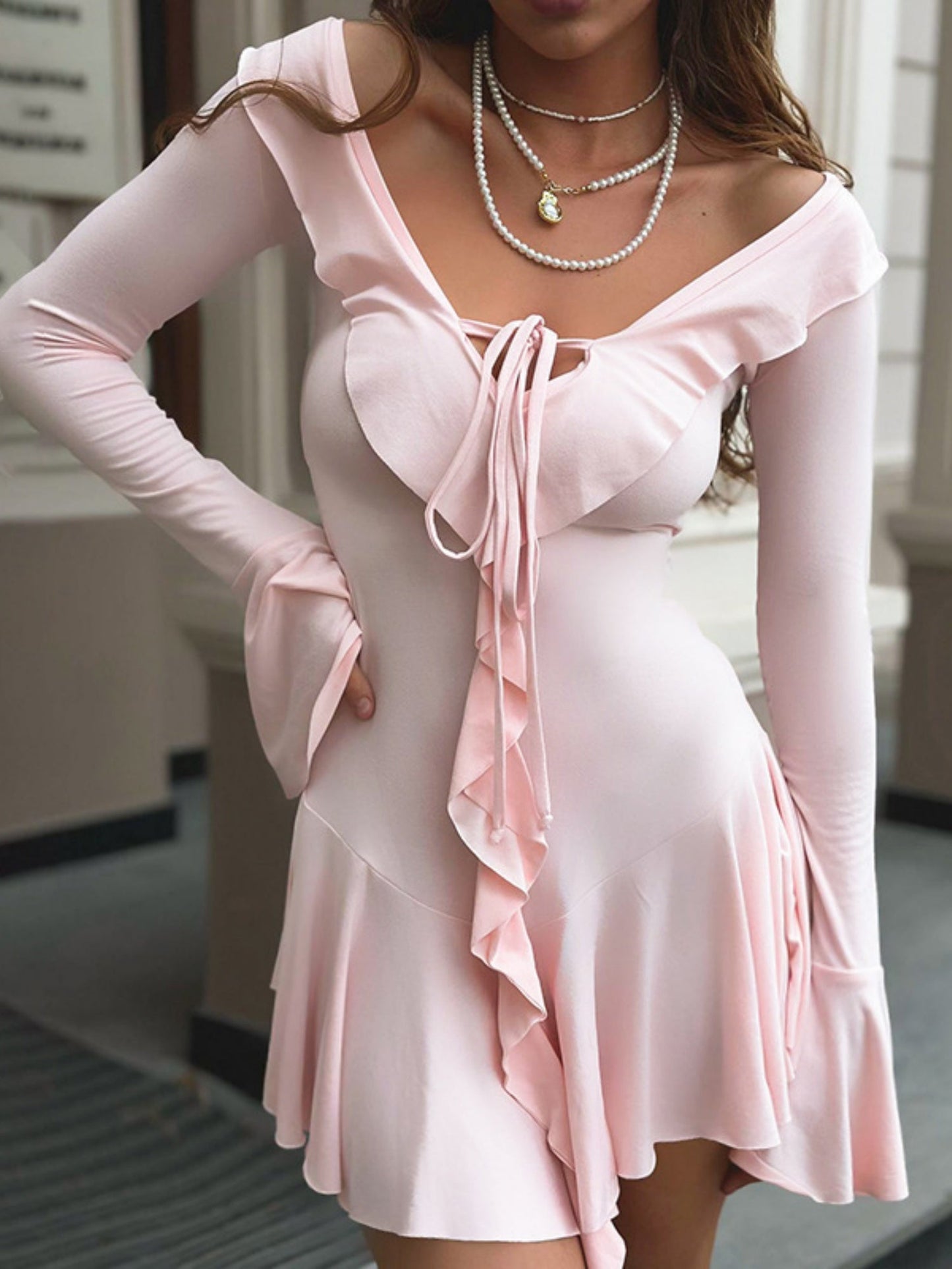 Ruffle V-neck Tie  Flare Sleeve Mini&Short Dresses