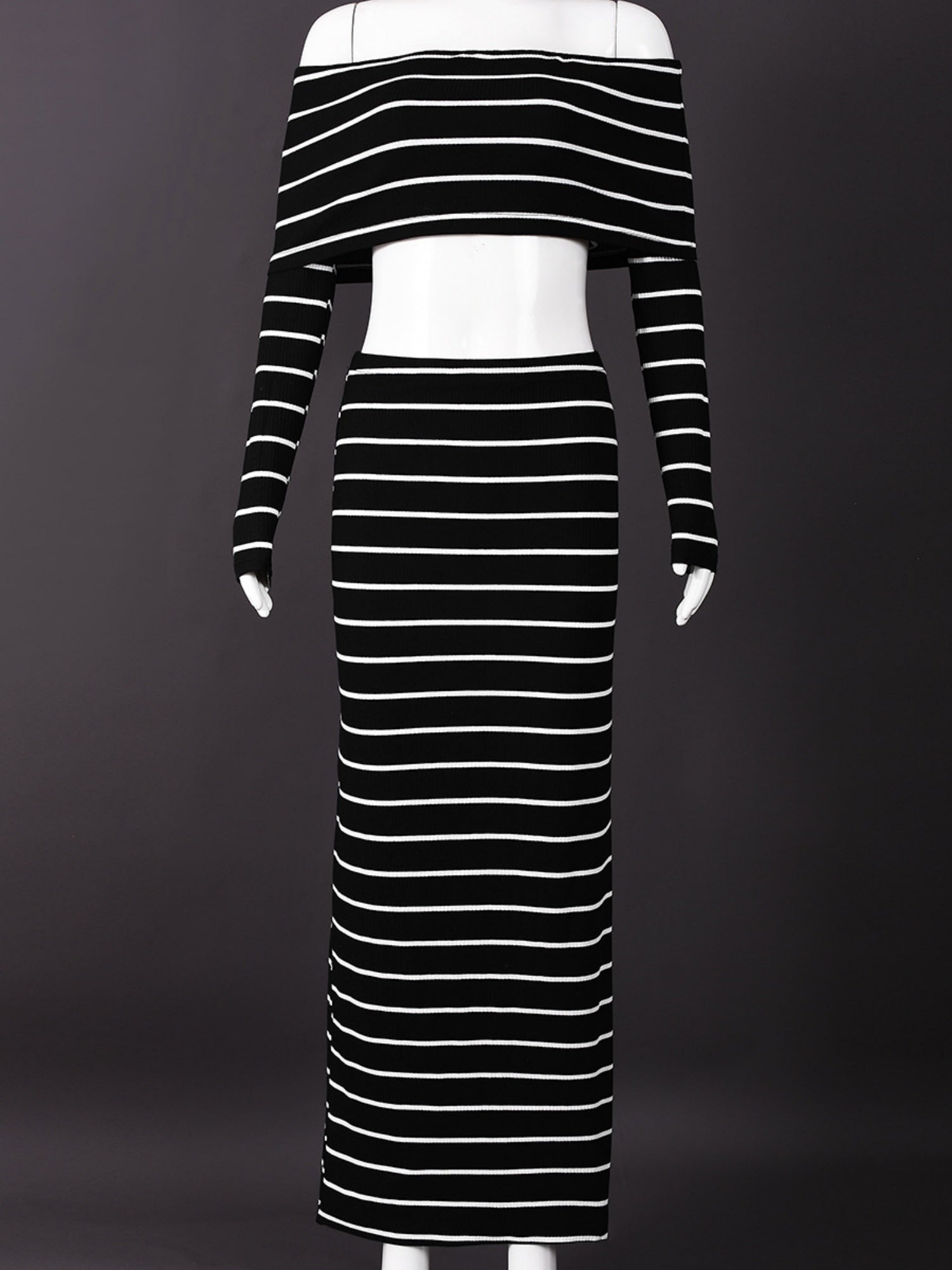 Striped Color Blocking Off-shoulder Long-sleeved T-shirt Long Bodycon Skirt 2-piece Sets