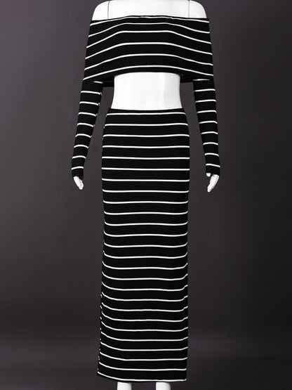 Striped Color Blocking Off-shoulder Long-sleeved T-shirt Long Bodycon Skirt 2-piece Sets