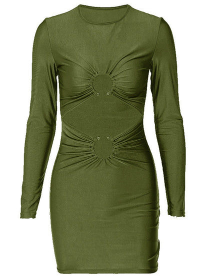 Hollow Out Metal Decoration Slim Fit Hip Body Long Sleeves Mini&Short Dresses
