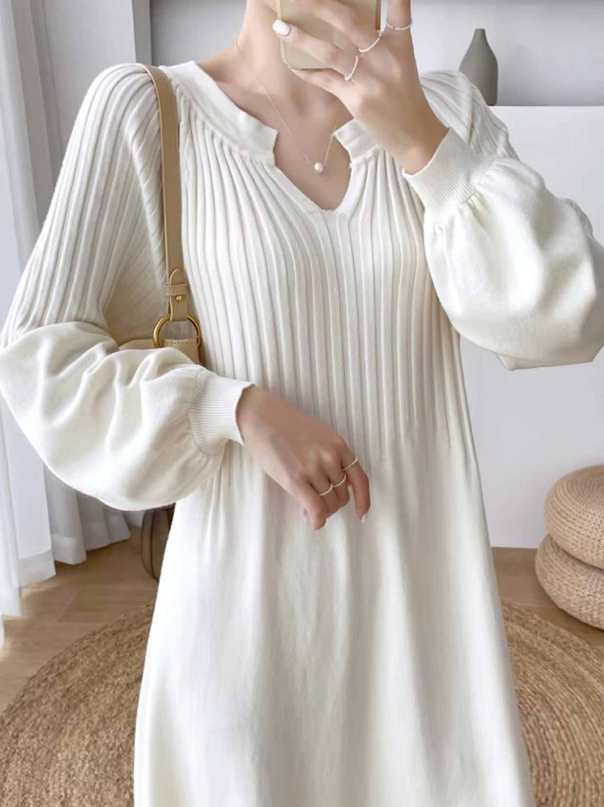 V-Neck Bishop Sleeve Rib Knit A-Line Maxi Sweater Dress
