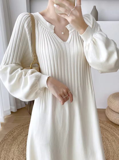 V-Neck Bishop Sleeve Rib Knit A-Line Maxi Sweater Dress