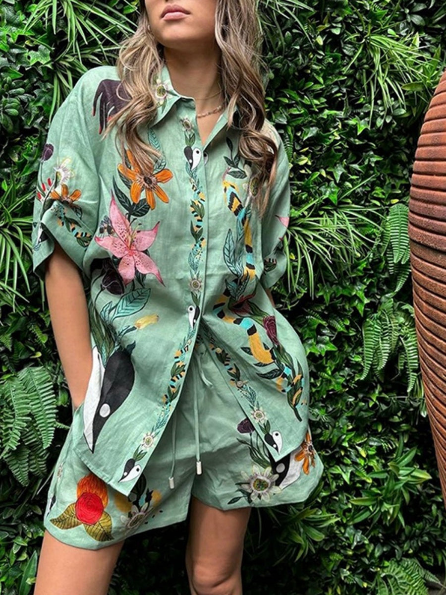 Printed Vacation Long-sleeved Shirt Shorts Set 2-piece Sets