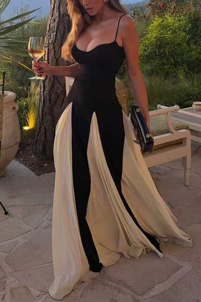 Margovil Spaghetti Strap Low Cut Color Block Swing Maxi Dress