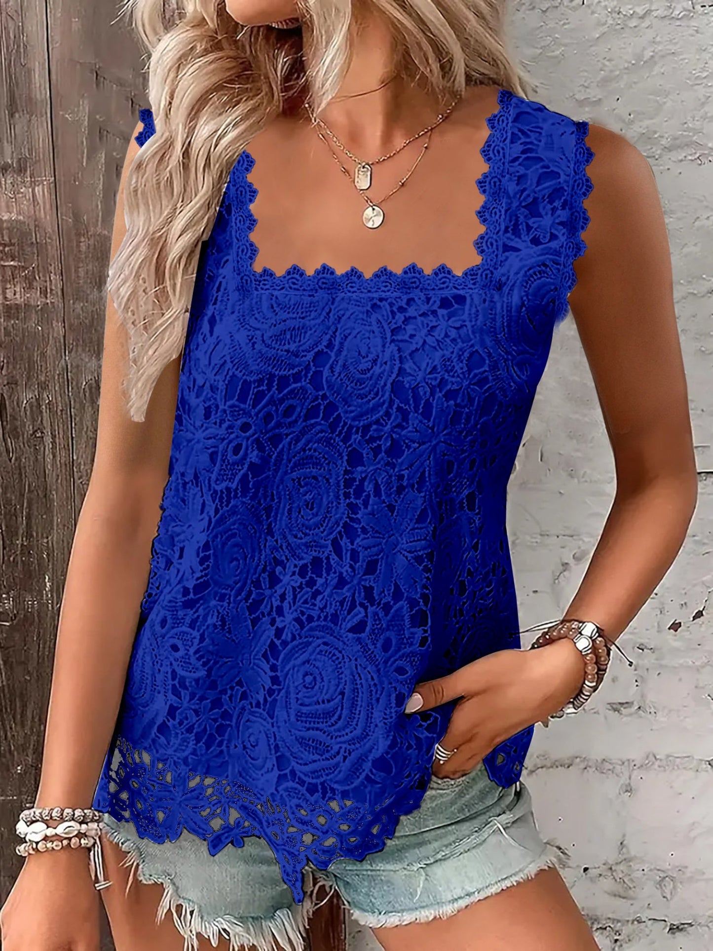 Lace Trim Square Collar Tank Tops&Camis