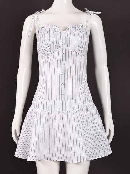 Stripes Pleated Straps Mini&Short Dresses