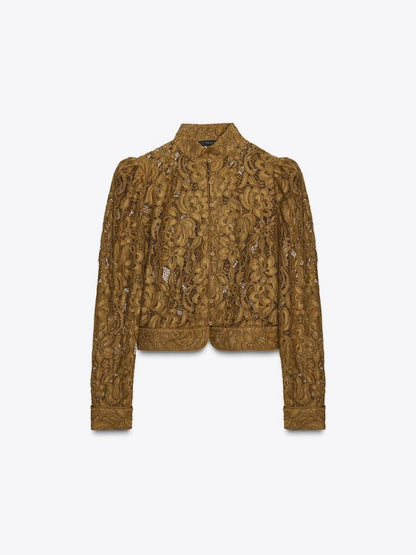 Applique Lace Stand Collar Cardigan Hollow Vacation Shirts