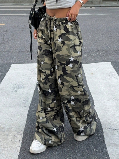 Camouflage Elastic Waistband Lace Up Pants