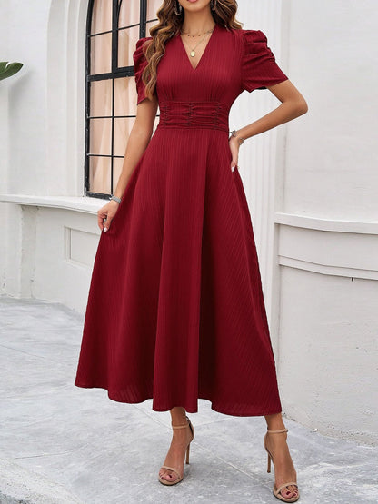 Pleated Waist Short Sleeve Maxi Dresses