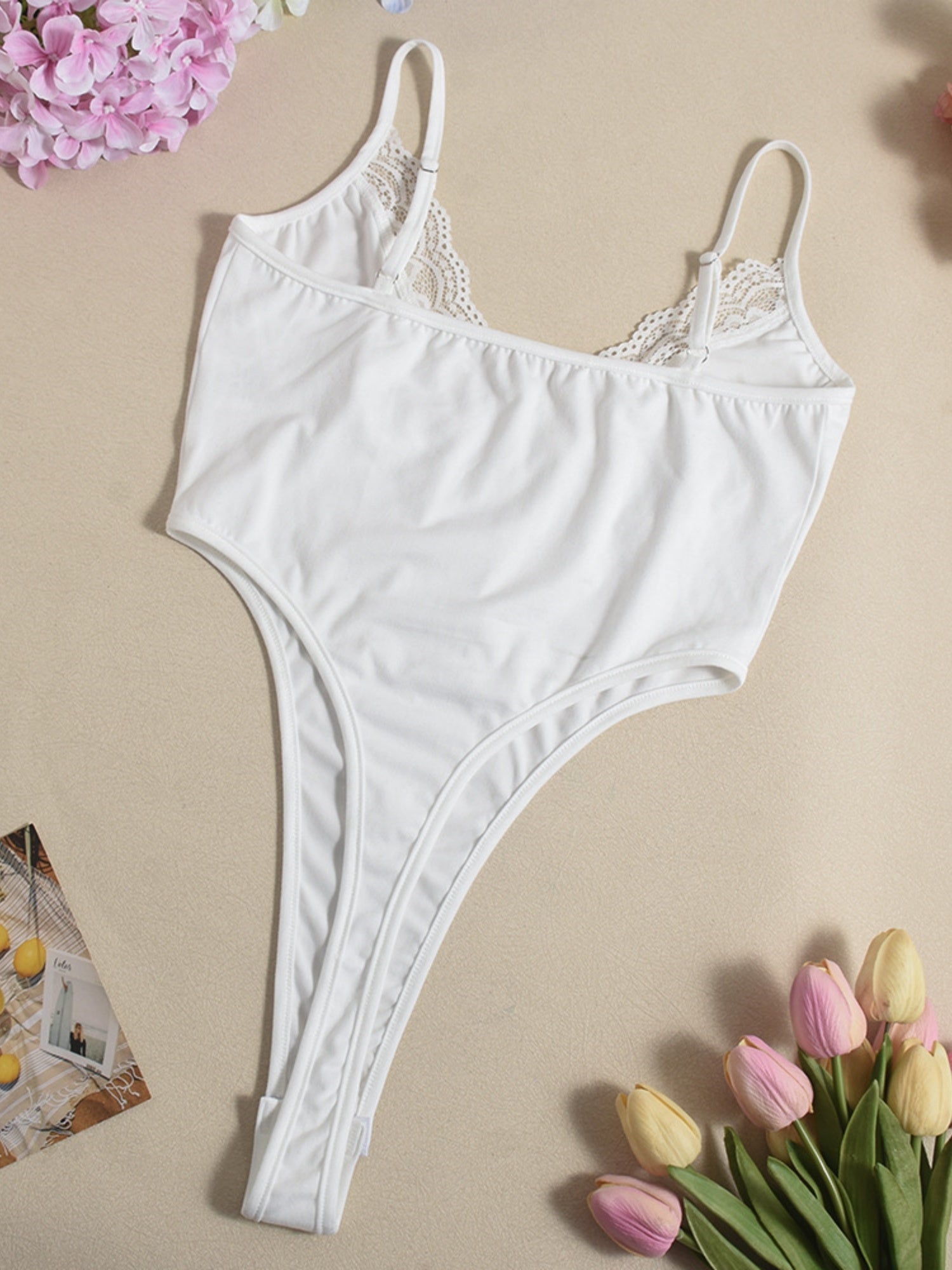 Lace Trim High Elasticity In Crotch Hollow-out High Waist Bodysuits