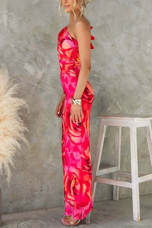 Margovil Ruffle One Shoulder Floral Print Bodycon Maxi Dress