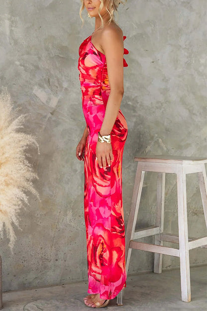 Margovil Ruffle One Shoulder Floral Print Bodycon Maxi Dress